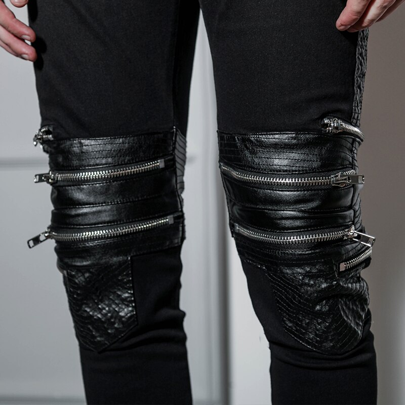 Europese En Amerikaanse Nachtclubs Hip Hop Westkust High Street Style Hip-Hop Slim Fit Rits Pu Stiksels Zwarte Jeans Mannen 'S Bri