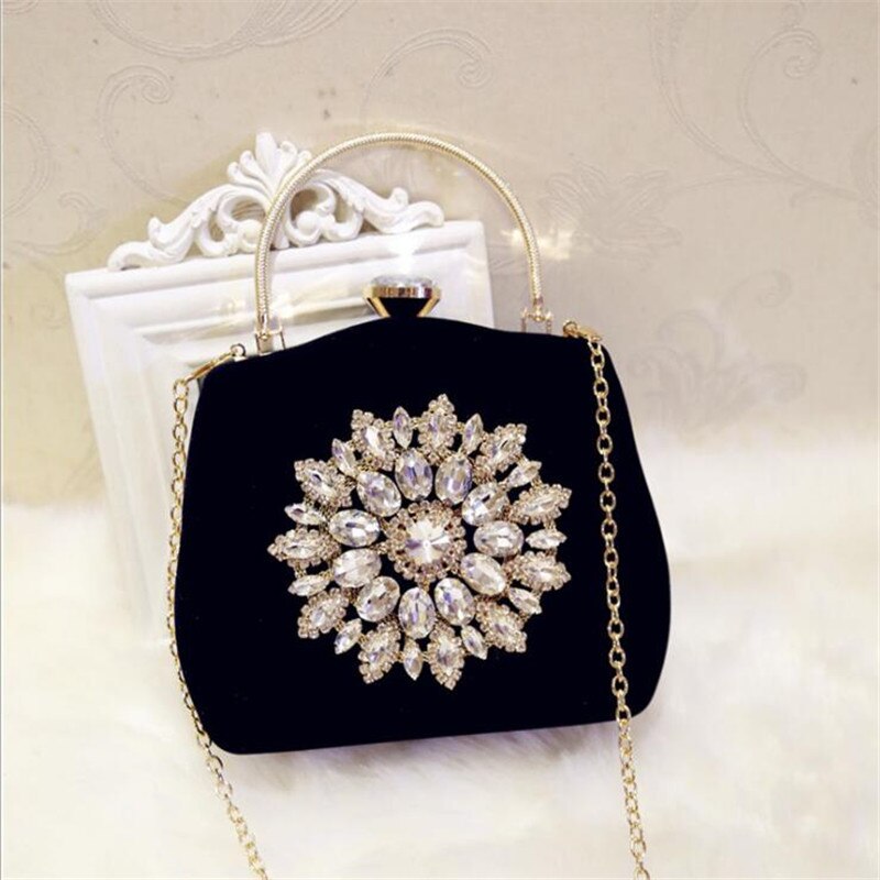 Diamond Zon Bloemen Avondtassen Luxe Bruiloft Clutch Bags Voor Meisjes Partij Diner Zakken Met Ketting: Black