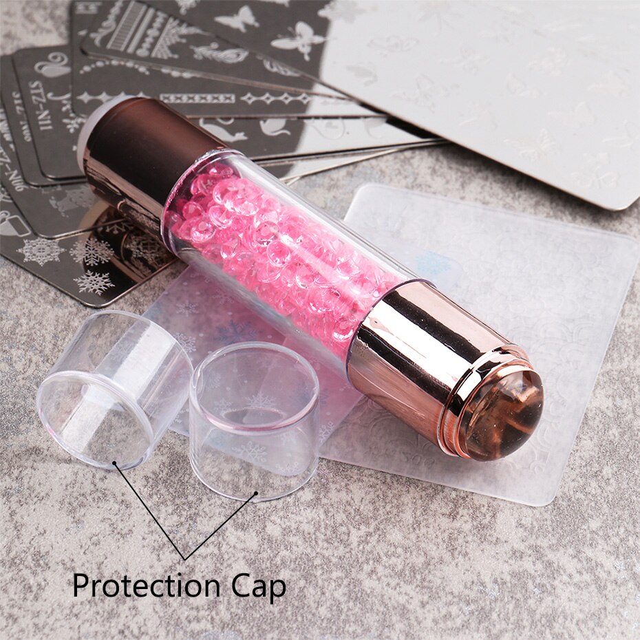 STZ 3pc Double-ended Silicone Nail Stamper with Crystal Rhinestone Handle Transparent Jelly Template Stamping Tool Scraper #1836