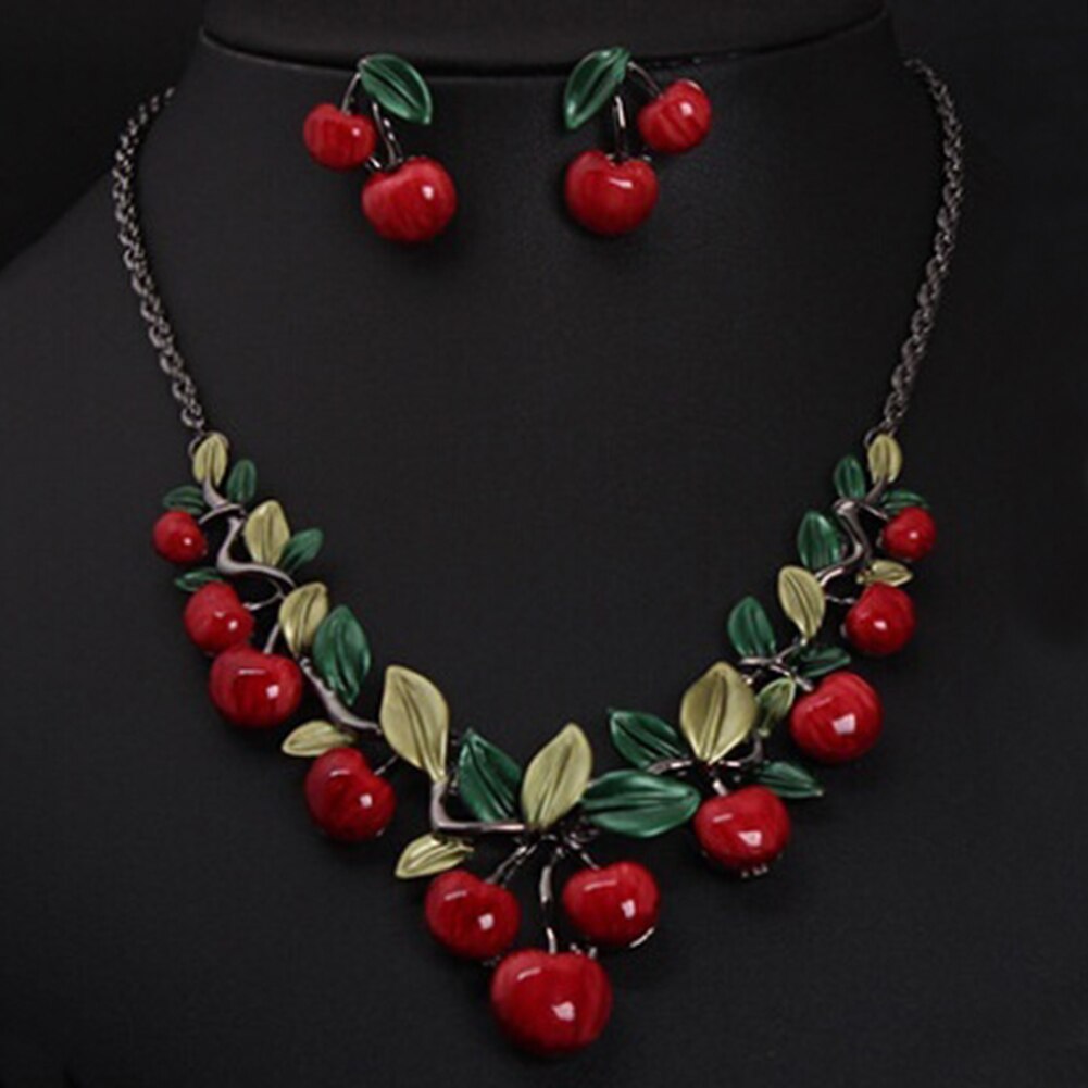 1 Set Vintage Red Cherry Fruit Sieraden Set Chic Bridal Ketting Oorbellen