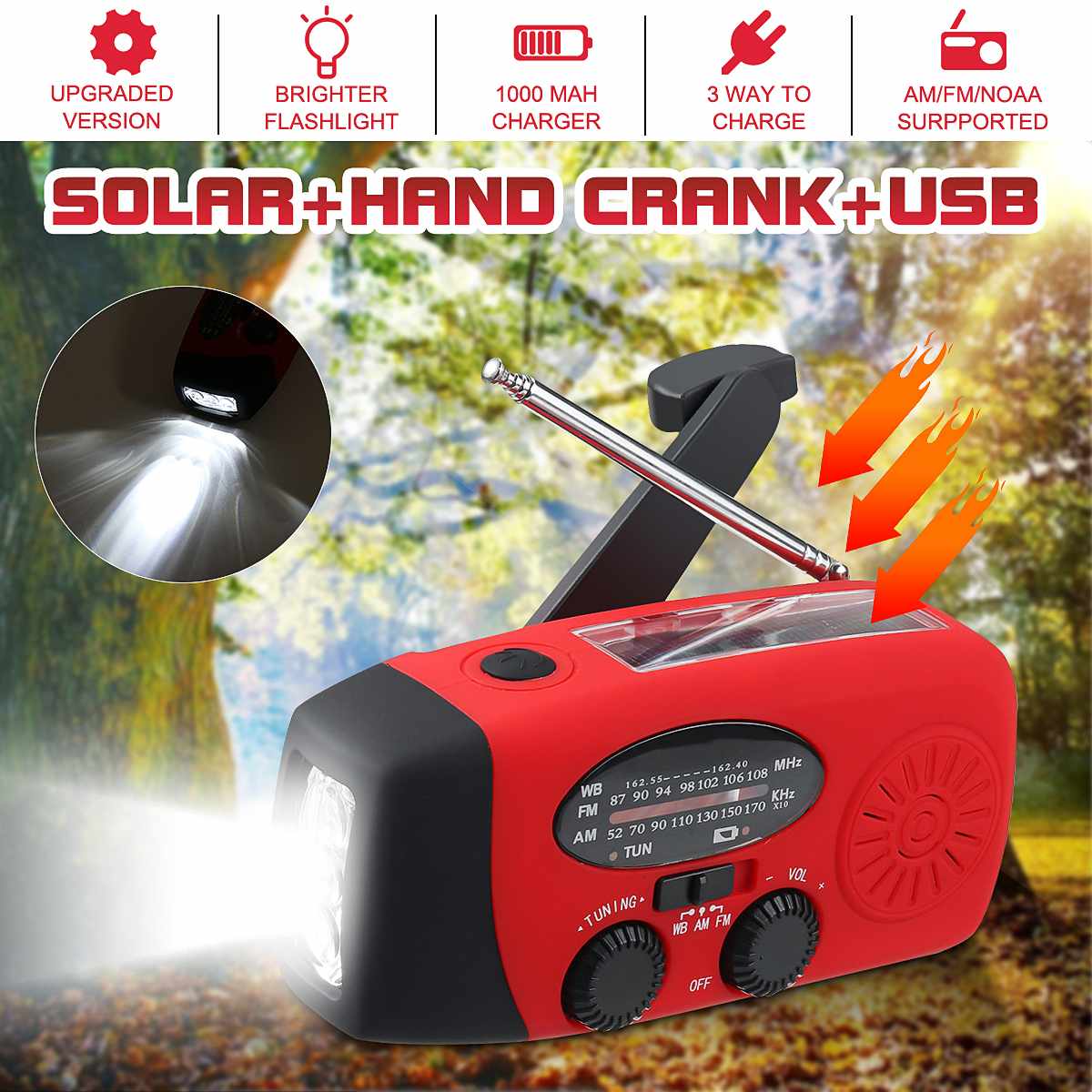Emergency Hand Crank Manual Crank Generator Am Fm Solar Weer Radio Met Led Zaklamp Zelf Aangedreven 1000Mah Power Bank
