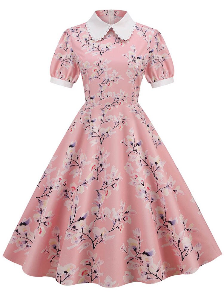 Floral Printed Summer Dress for Women Peter Pan Collar Vintage Midi Sundress Casual Party Dress with Puff Short Sleeves: XXXL / WHITE