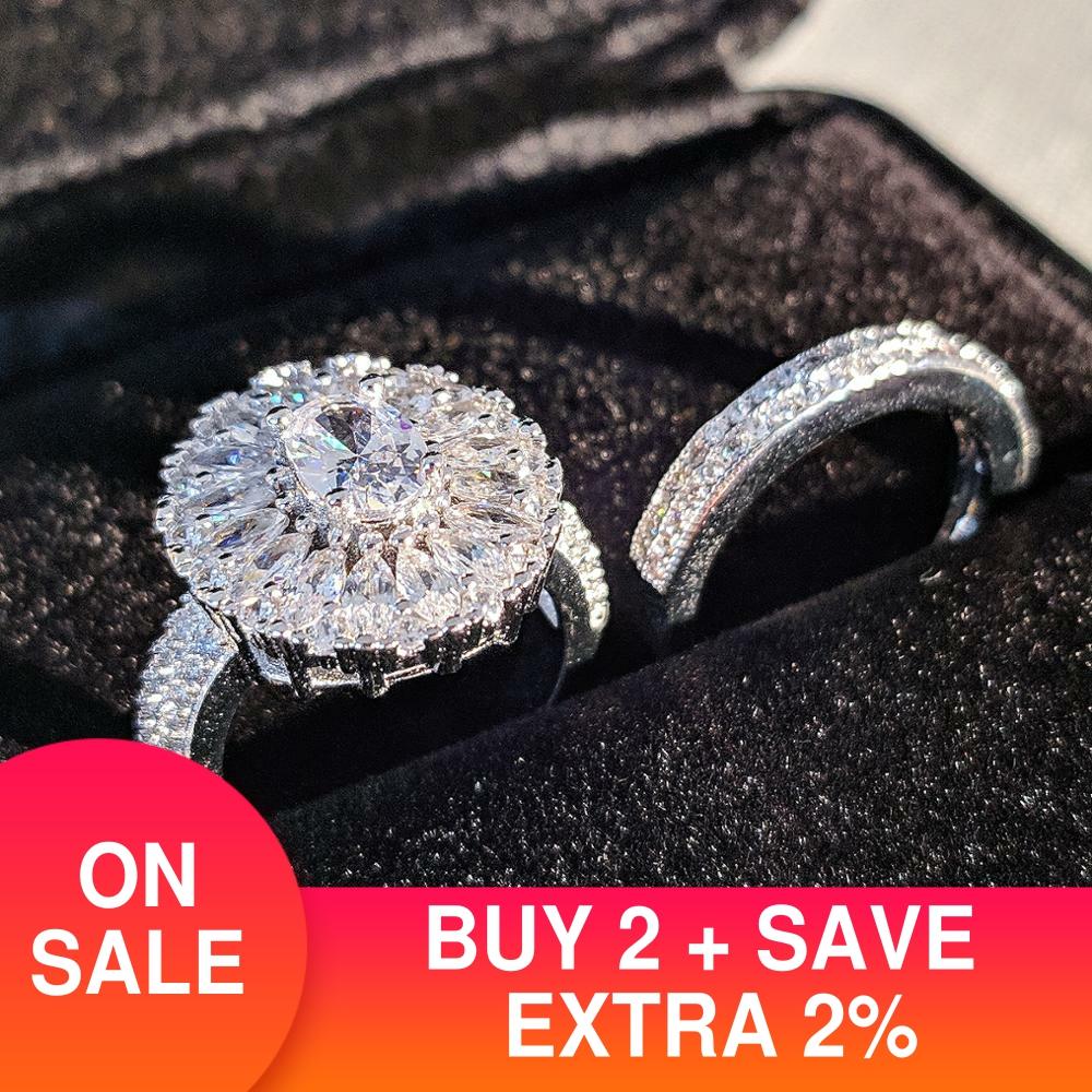 luxury halo 925 sterling silver wedding ring set for women lady anniversary jewelry R5170