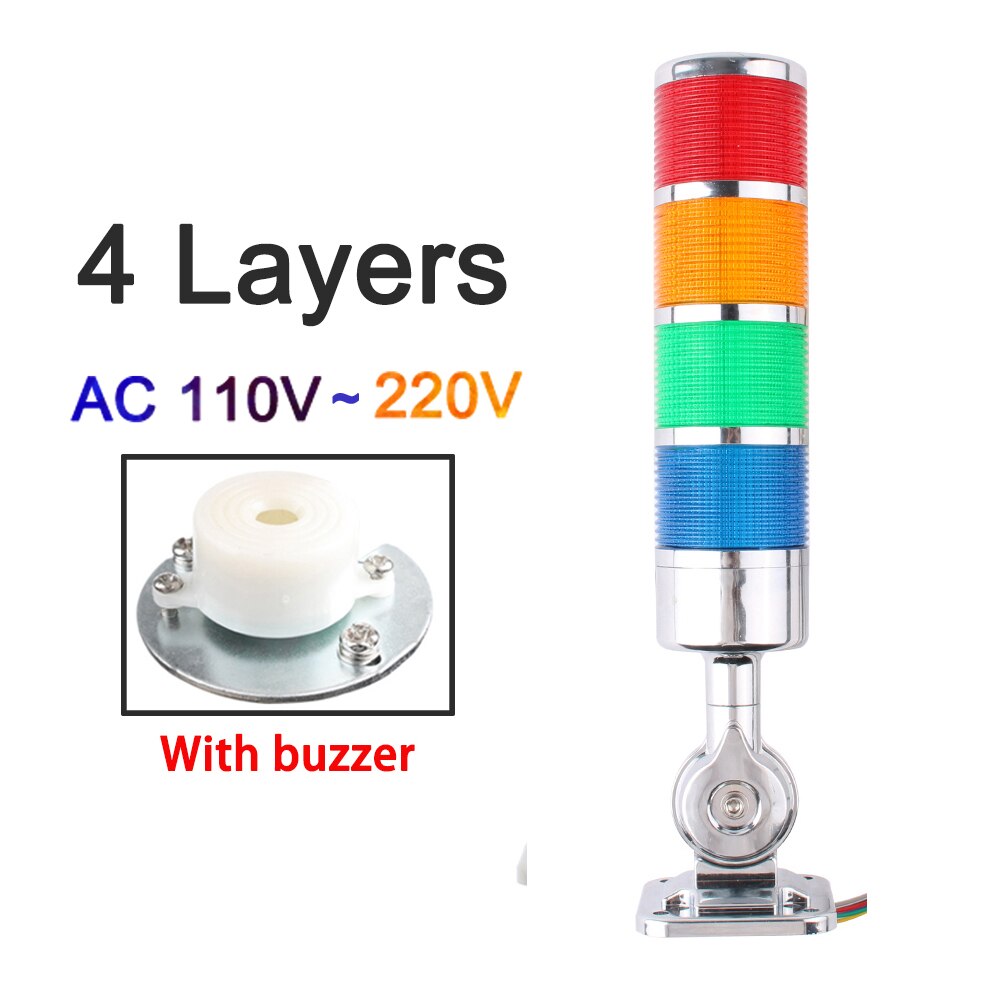 4 layers Rotatable 180 Stack light Red warning light industrial for CNC machine DC 24V 12V AC220V 110V Steady flashing light LED: Silver110V-220Vsound