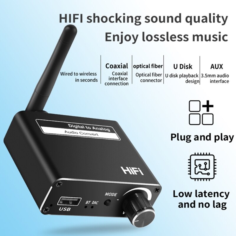 Kompaktowy dysk U cyfrowo-analogowy Adapter koncentryczny Toslink trwały konwerter Audio kompatybilny z Bluetooth 5.0 odbiornik DAC