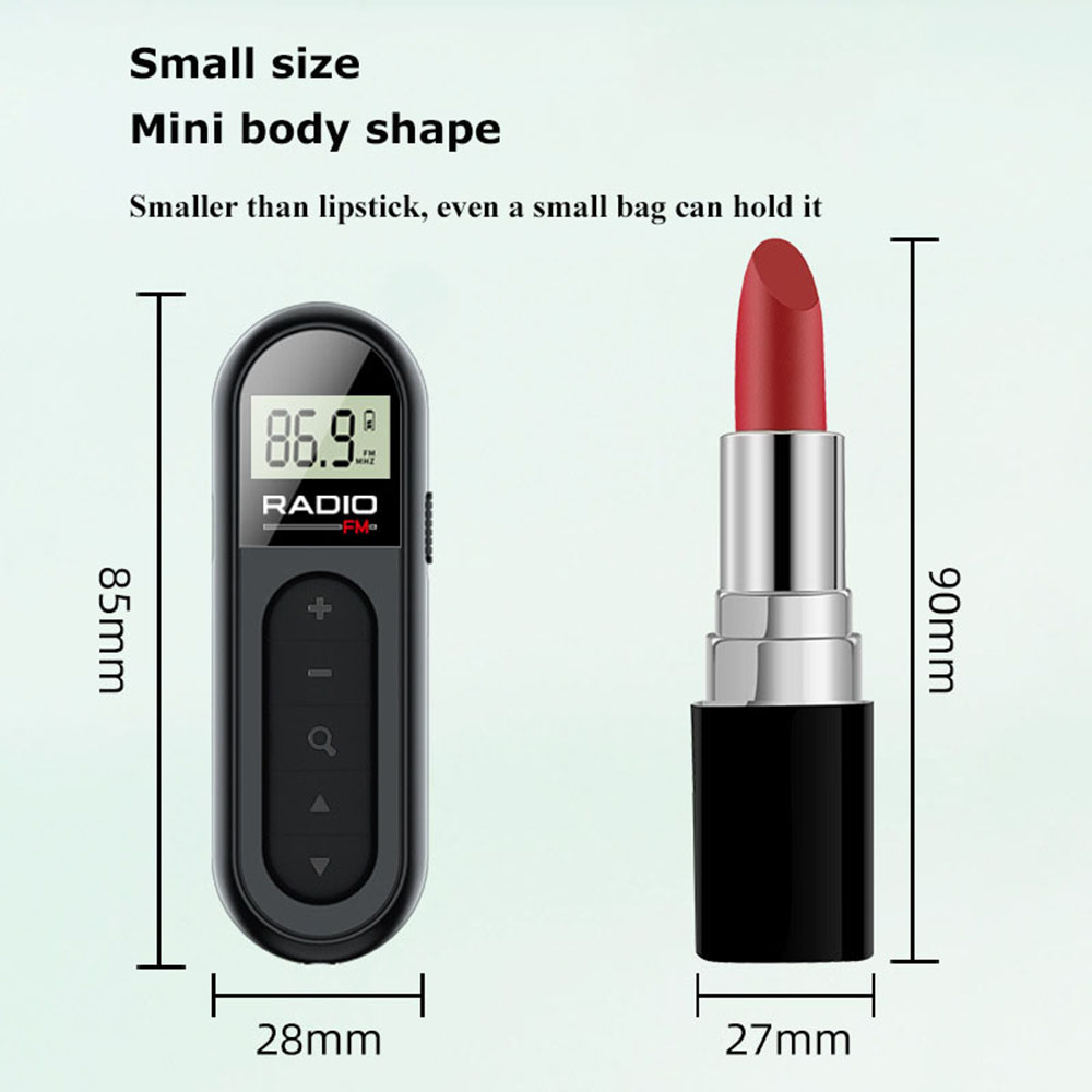 Mini fm walkman-radio 300 mah uppladdningsbar bärbar radio lcd digital bakgrundsbelysning stereoljud bältesklämma för jogging promenader