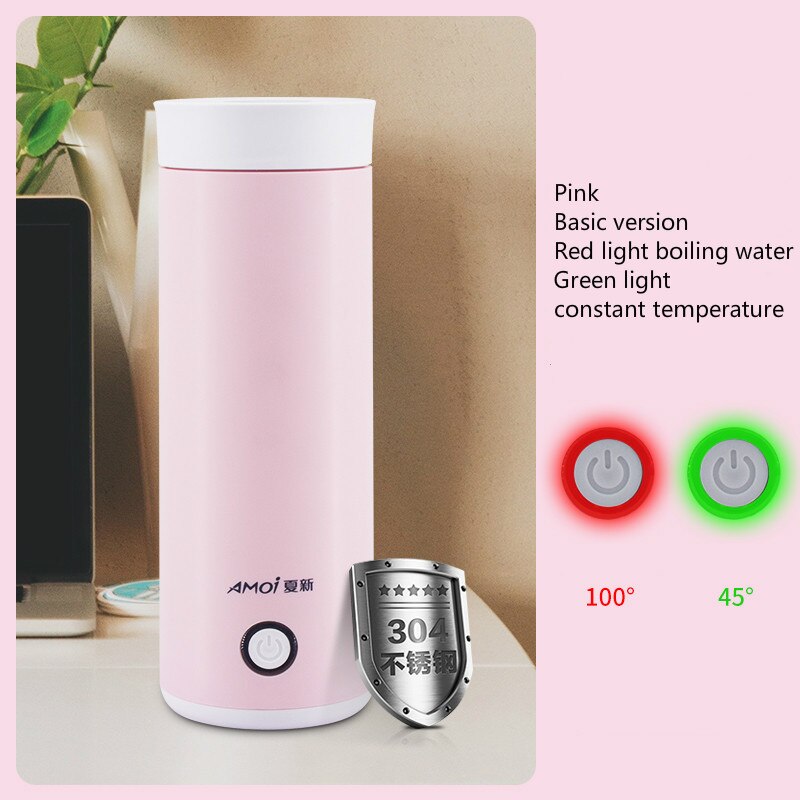 Bouteille d&#39;eau chaude électrique portable 110V ~ 240V, bouilloire de voyage, pot chauffant, tasse santé en acier inoxydable, petite tasse d&#39;eau: pink Smart Edit