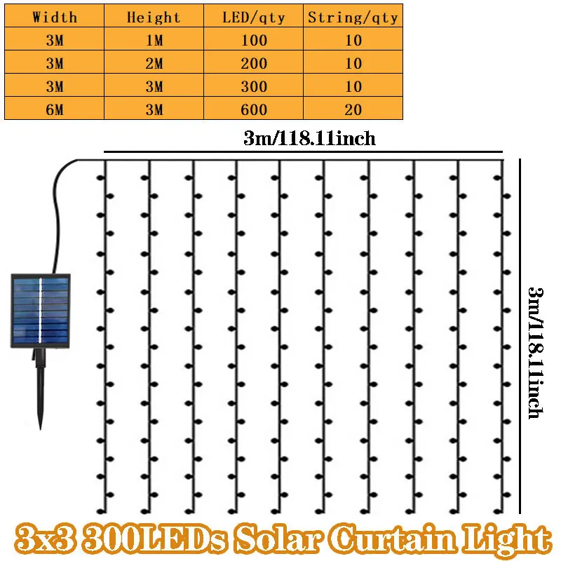 LED Solar Curtain String Lights Copper Wire Outdoor Lamp Solar Fairy Lights Garland for Garden Party Patio Terrace Camping Decor