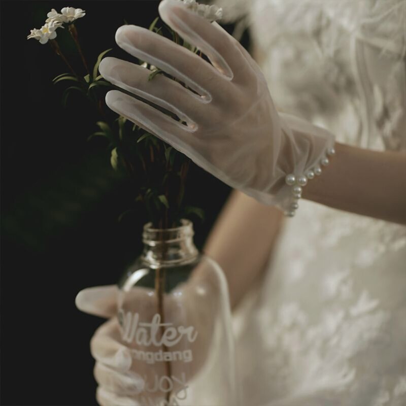 Vrouwen Sweet Wedding Sheer Korte Handschoenen Handgemaakte Faux Parel Pailletten Kralen Strik Decor Bridal Prom Party Wanten