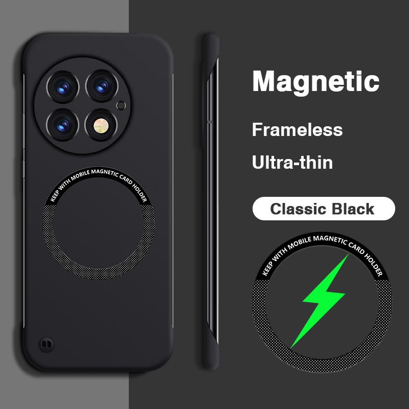 Cienkie bezramkowe etui na telefon OnePlus 13 13R 13T 13s 5G twardy muszla luksus magnetyczny bezprzewodowy opłata aparat fotograficzny ochrona Powrót okładki: czarny / OnePlus 13
