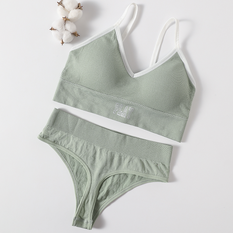 Conjunto de Sujetador deportivo sin costuras para mujer, tangas sexys de tiro alto, bragas sin aros, ropa interior cómoda, lencería femenina: Azul / L