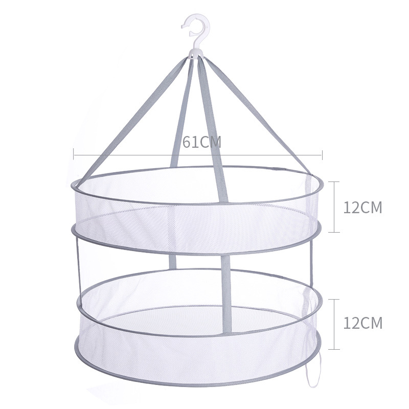 Grey Double-Layer Clothes Drying Net Collapsible Windproof Clothes Basket Polyester Breathable Dry Socks Drying Rack Laundry: 61cm 2 layers