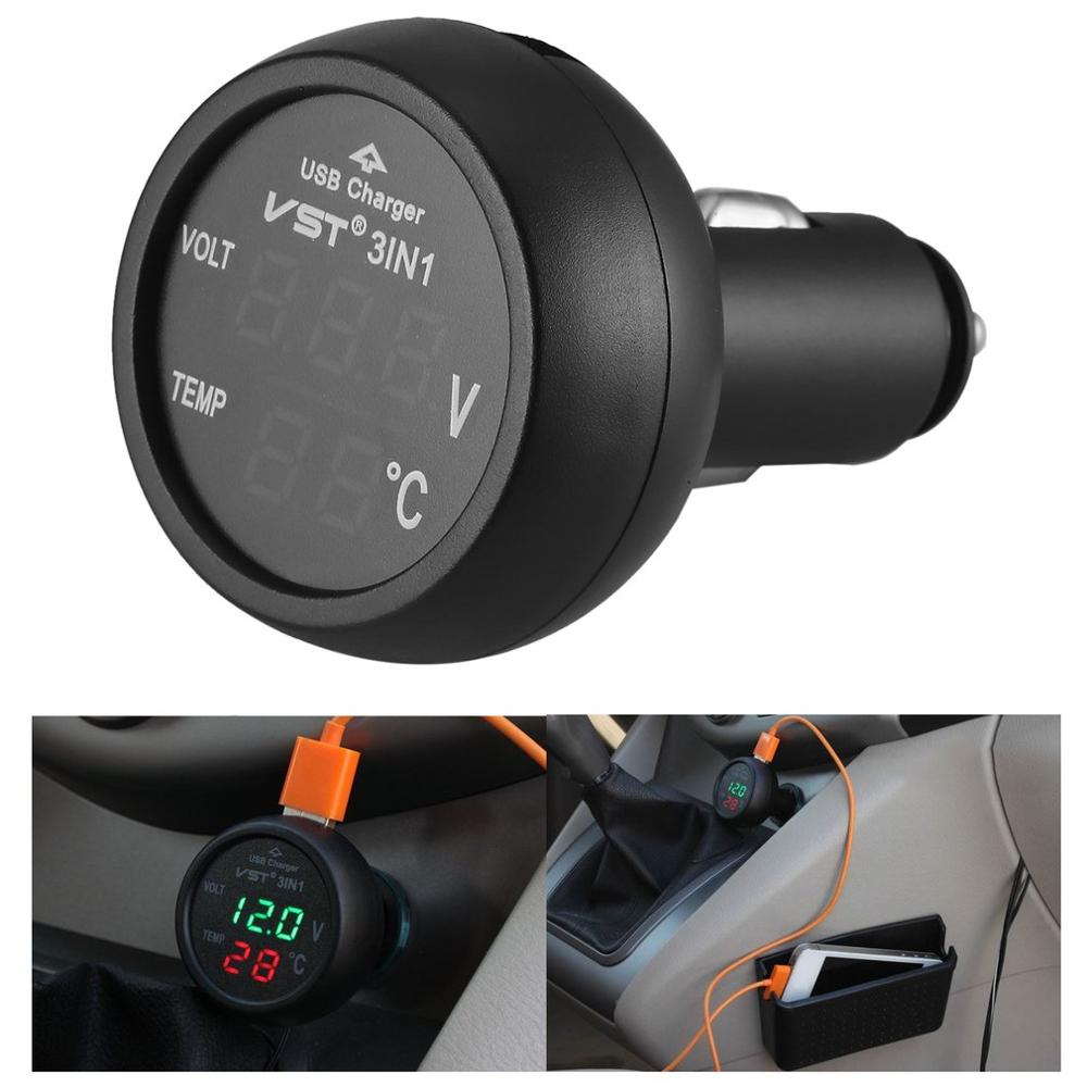 12 V/24 V Digitale Meter Monitor 3 In 1 Led Usb Car Charger Voltmeter Thermometer Auto Batterij Monitor lcd Digitale Dual Display