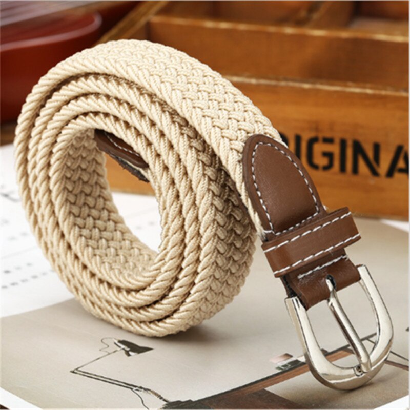 Correa de lona elástica trenzada para hombre y mujer, cinturón con hebilla, correas de cintura, juguetes para bebés y adultos: Beige