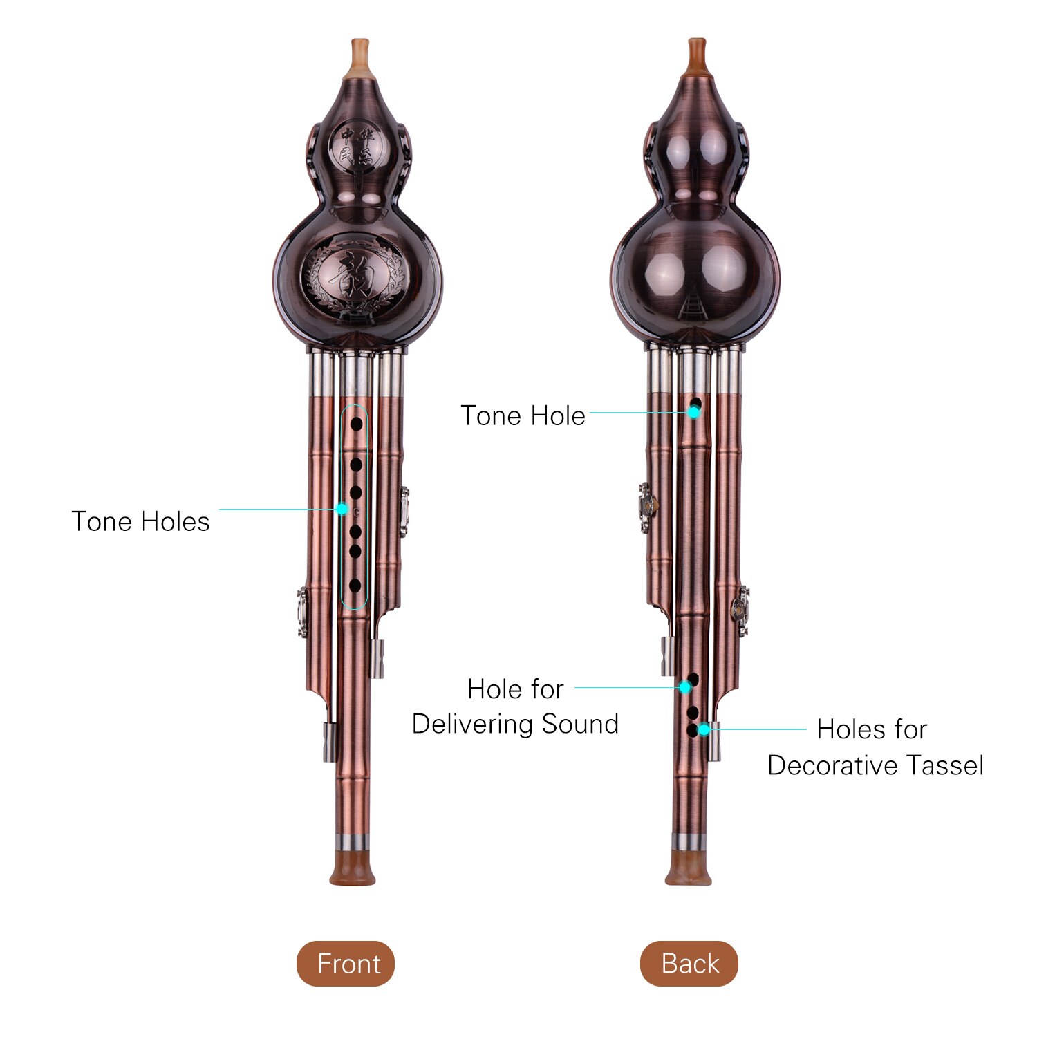 Flauta de aluminio con tubos chapados en cobre, instrumento tradicional chino con funda de nudo chino, 3 tonos c-key Hulusi calabaza Cucurbit