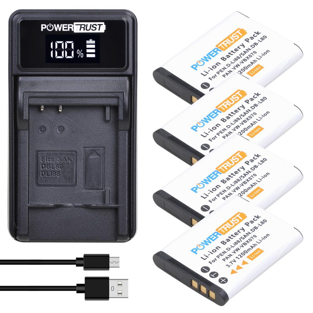 PowerTrust D-Li88 DB-L80 VW-VBX070 Camera Battery + LED USB Charger for Sanyo VPC-CG10 VPC-CG20 For PENTAX VPC-CG88 CG100: 4battery and charger