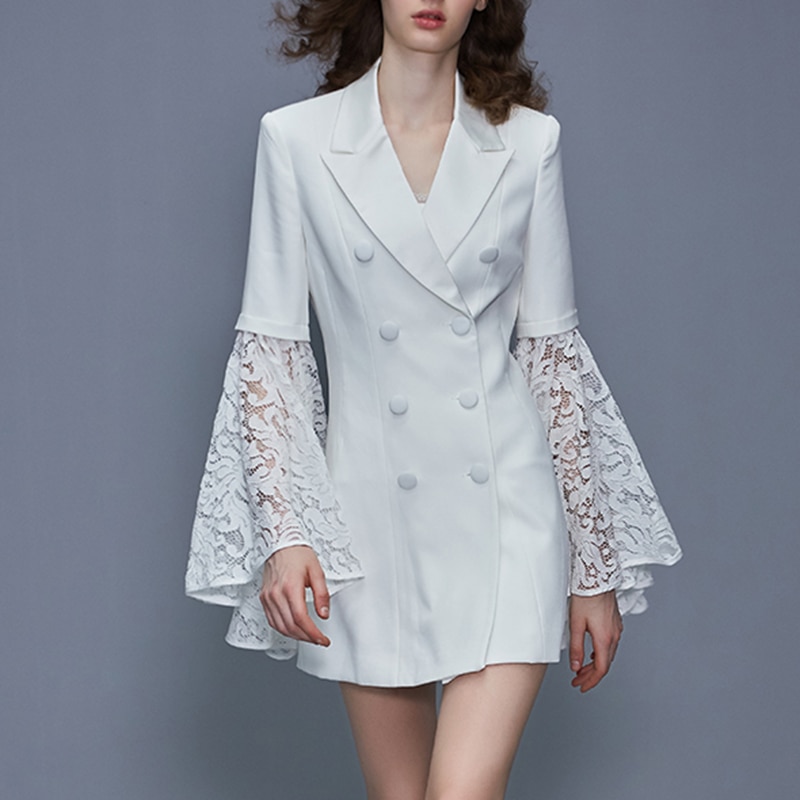 Traje de chaqueta larga a la , vestido de mujer para de negocios, vestido de encaje con manga de volantes, trajes de trabajo ajustados de talla grande,