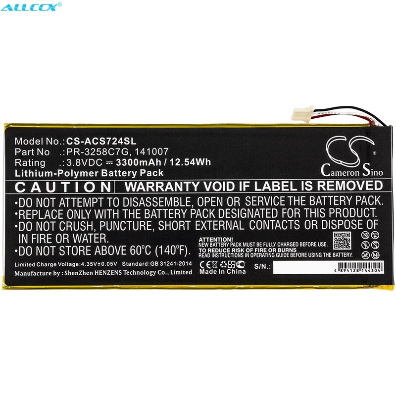 Camera Sino – batterie 3300mAh, 141007,KT.0010N.001,PR-3258C7G pour Acer A1-734,Iconia Talk S