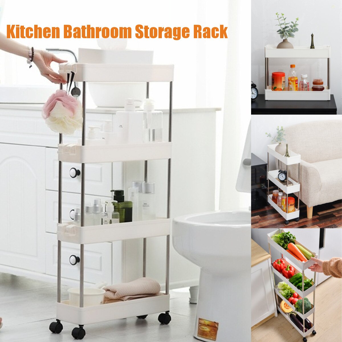 Kitchen trolley cart Bathroom Storage Rack Fridge Side Shelf Organizer Shelf Gap Holder With Wheel Removable 2/3/4 Layer