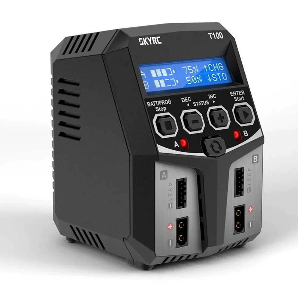 Caricabatterie bilanciato batteria SKYRC T100 AC Lipo Caricatore doppio 5A 2X50W 2-4S per batteria NiMH / NiCd / LiPo / vita / Lilon / LiHV / Pb