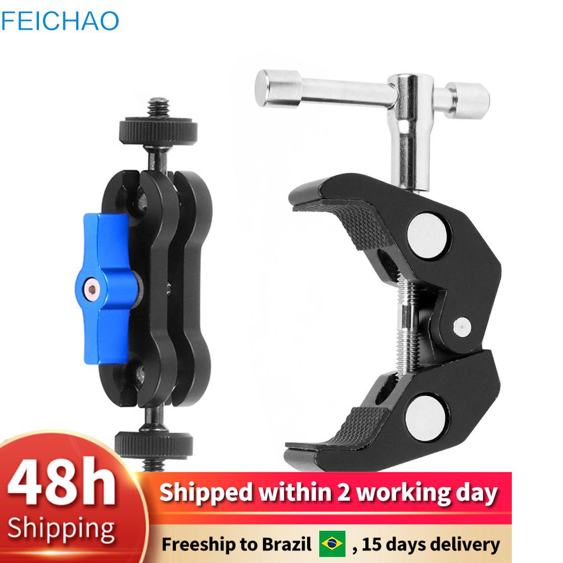 Chaussure chaude multifonction à double tête sphérique, pour trépied 1/4 pouces, bras magique, adaptateur Super pince articulé pour moniteur, lumière LED, appareil photo DSLR