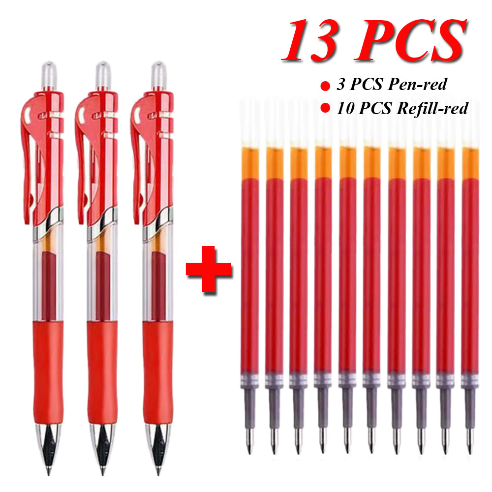 Juego de 13 Uds de bolígrafos de Gel retráctiles, tinta negra, roja y azul, bolígrafo de 0,5mm, recambios reemplazables, suministros escolares de oficina, papelería: Rojo