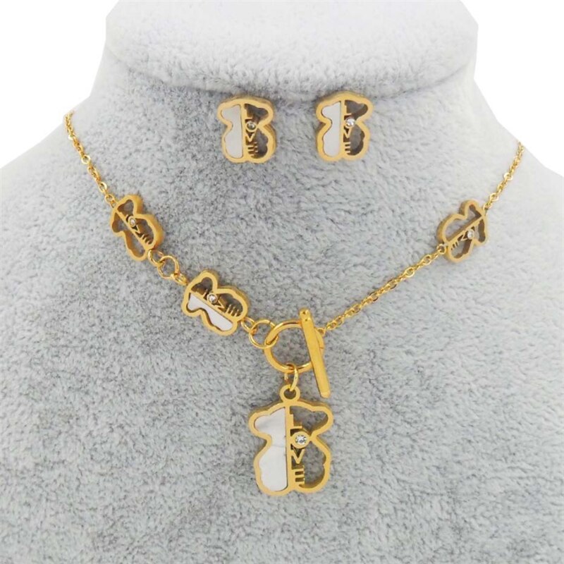 Breloque creux cubique Zircon ours chaîne colliers boucles d'oreilles ensembles amour coquille pendentif pour les femmes couleur or Animal collier bijoux: Gold