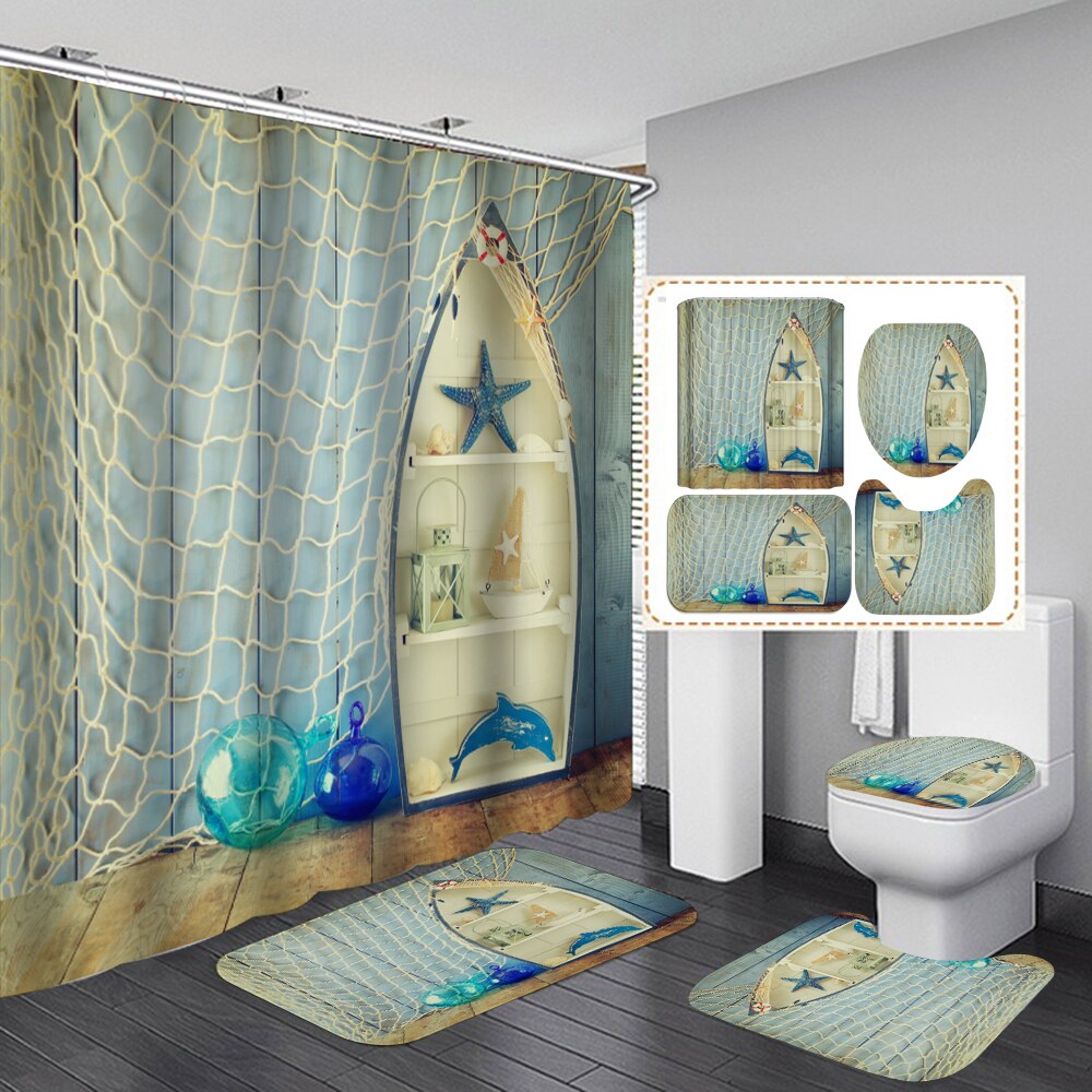 Conch Starfish Shell Shower Curtain Bathroom Curtains Non Slip Beach Style Pattern Anti-skid Carpet Toilet Lid Cover Bath Mat