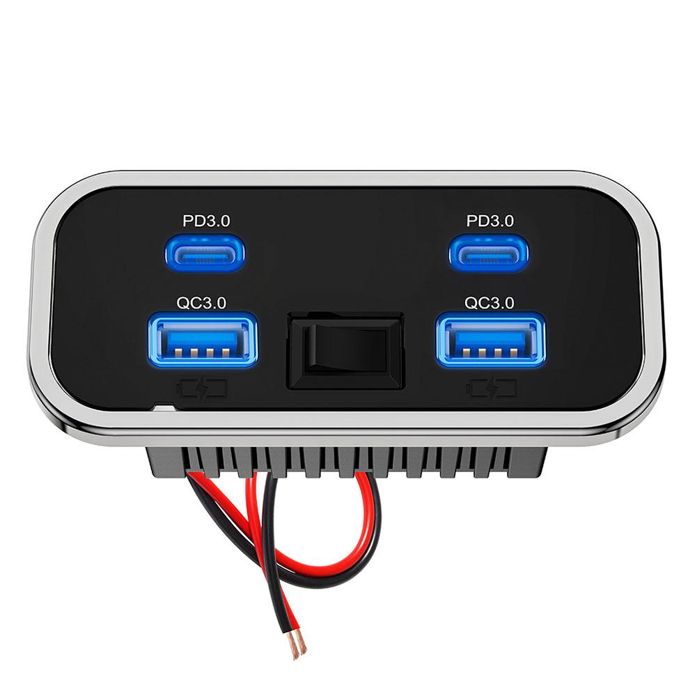 4 porter 12v usb-uttak til bobil 76w doble  pd3.0 type-c hurtiglading dobbel usb for bil buss bobil billader med knappbryter: Svart