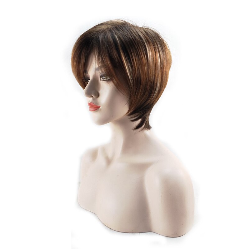 HAIRJOY Women Straight Bangs Style Pixie Cut 14inch Synthetic Hair Wig Brown Mixed Short Natural Wigs