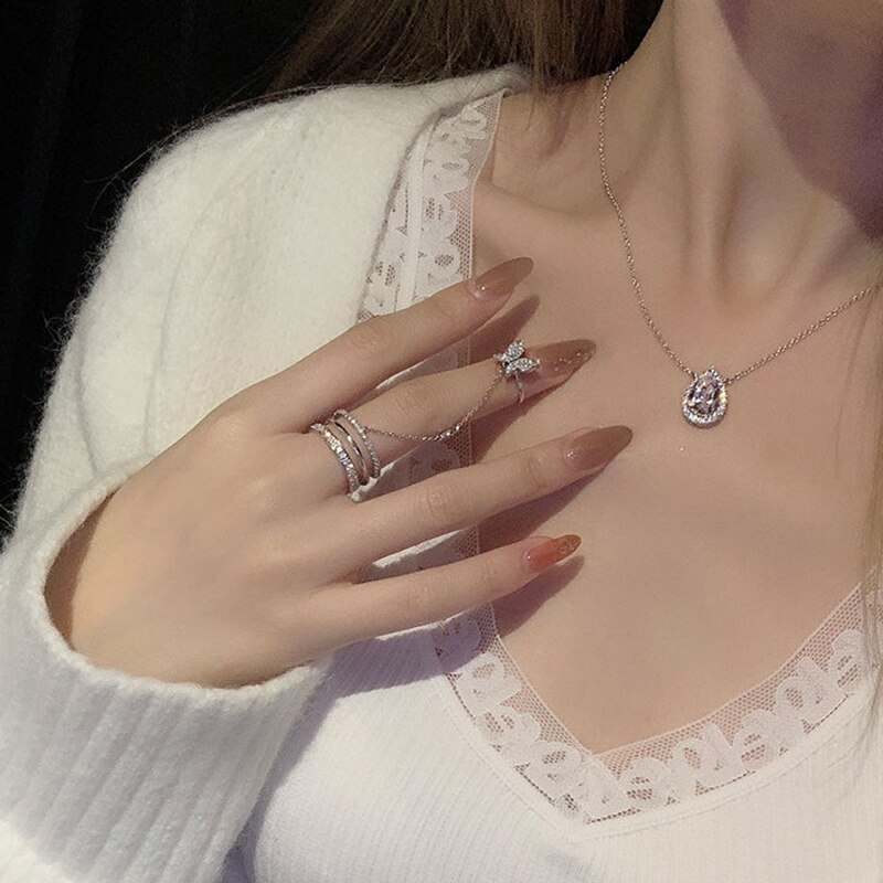 Double Finger Chain Rings for Women Alloy Adjustable Open Finger Ring Party Trend Jewelry