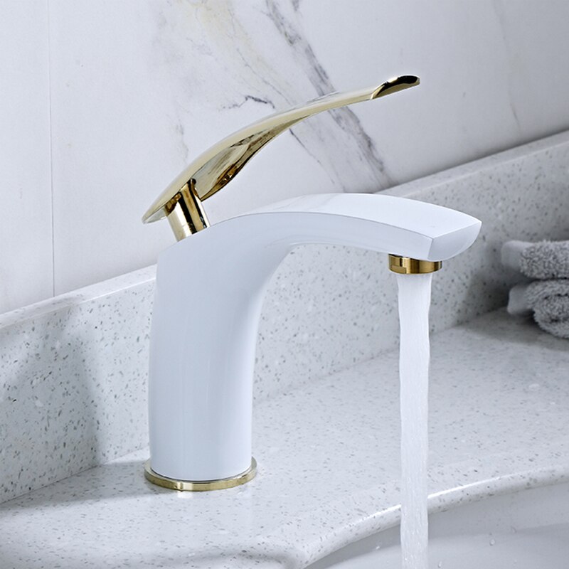 Witte Badkamer Basin Wastafel Kraan Badrandcombinaties Warm Koud Water Mengkraan Enkele Handgreep Europa Stijl Kranen Robinet Crane: White Golden