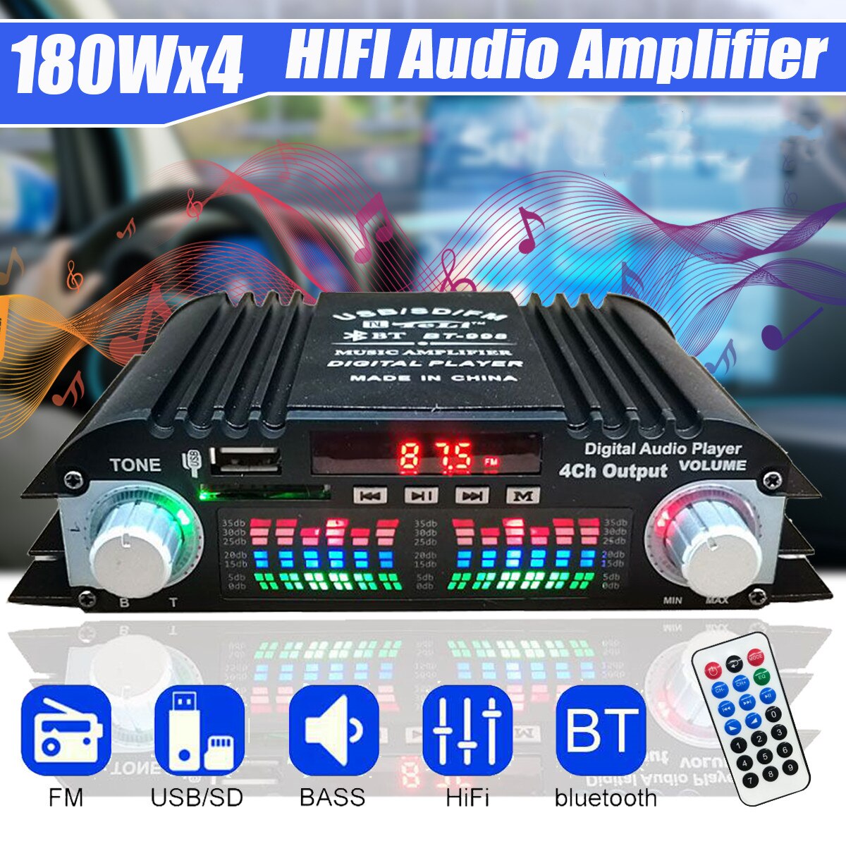 BT-998 Hifi Audio Home Digital Amplifiers Car Audio Bass Power bluetooth Amplifier FM USB SD Radio Subwoofer Speakers 12V/220V