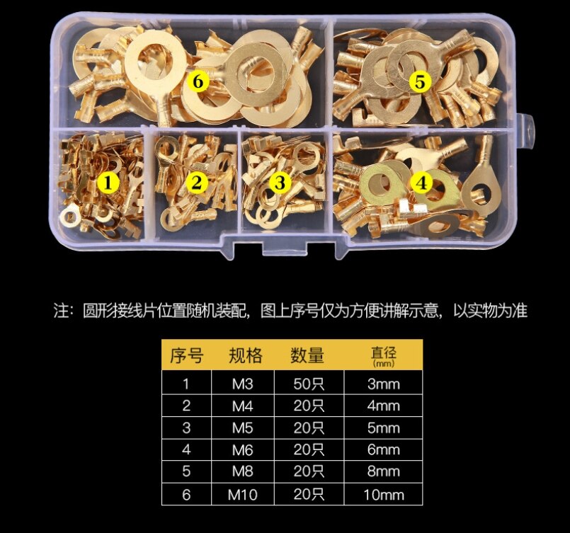 150PCS Ring Lugs Ring Eyes Copper Crimp Cable Connector Non-insulated M3/M4/M5/M6/M8/M10 Assortment Kit with Plastic Box