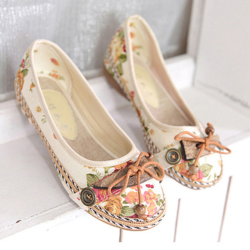 Ronde Neus Platte Schoenen Leuke Sen Vrouwen Schoenen Nationale Wind Ondiepe Mond Bloemen Bloem Comfortabele Zachte Bodem Schoenen