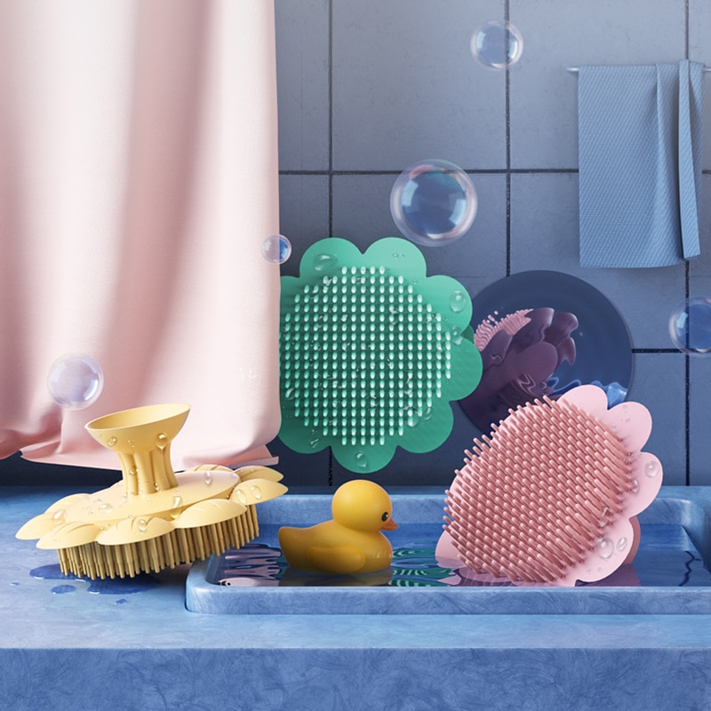 Cepillo de silicona para baño de bebé multiusos con forma de flor, cepillo de masaje para el cuero cabelludo, cepillo para lavar el cabello, cepillos para champú, suministros de ducha infantil