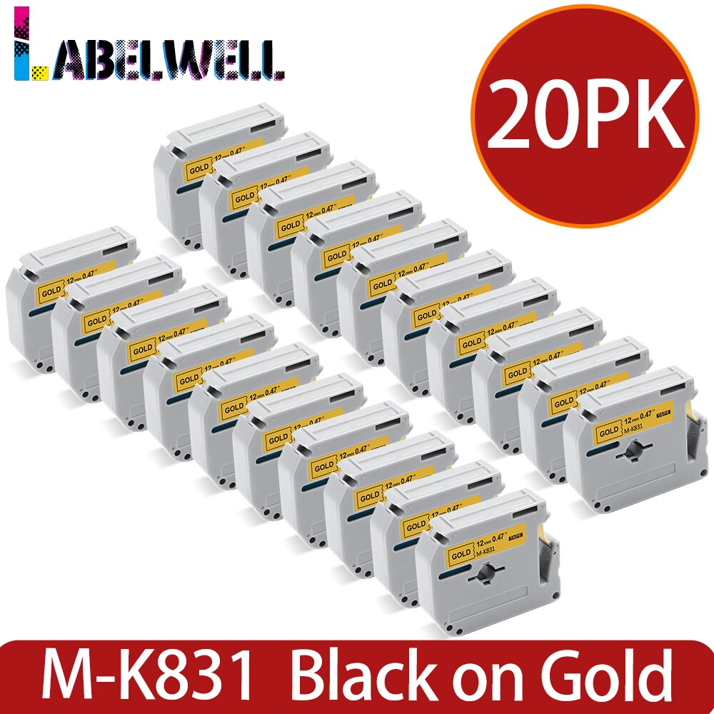 Labelwell 20PK M-K231 MK-231 MK231 431 531 631 Compatible for Brother MK 231 P-touch PT-80 PT-70 PT-60 PT-45M PT-100 Label maker: Black on Gold-20PK