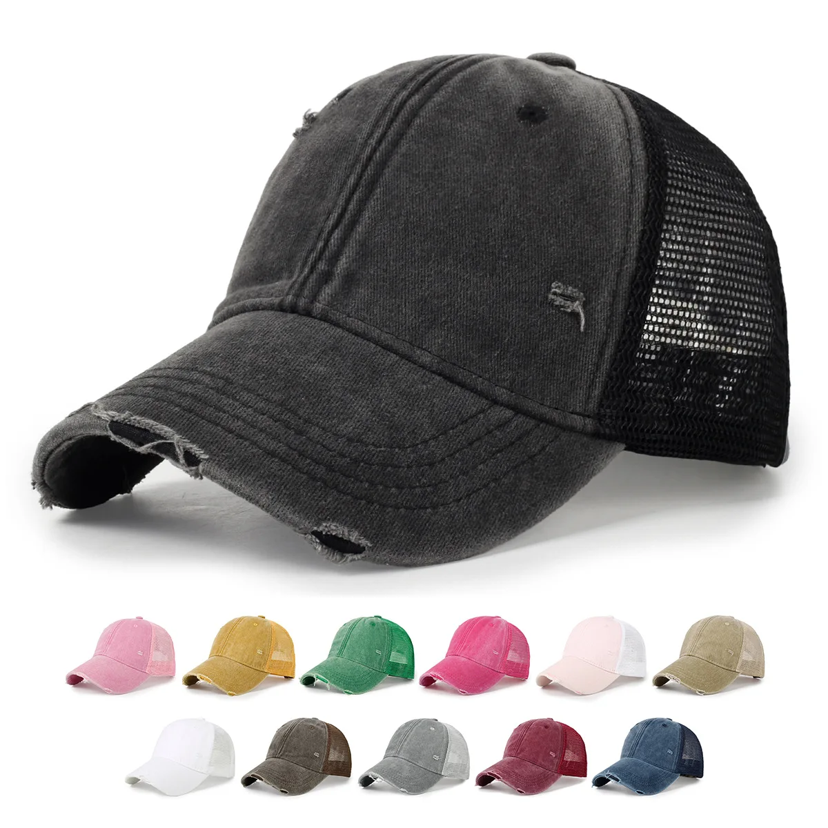 Gorra de béisbol lavada de malla de algodón transpirable para hombre y mujer, gorra de tabla ligera rasgada antigua, sombrero Vintage de primavera y verano
