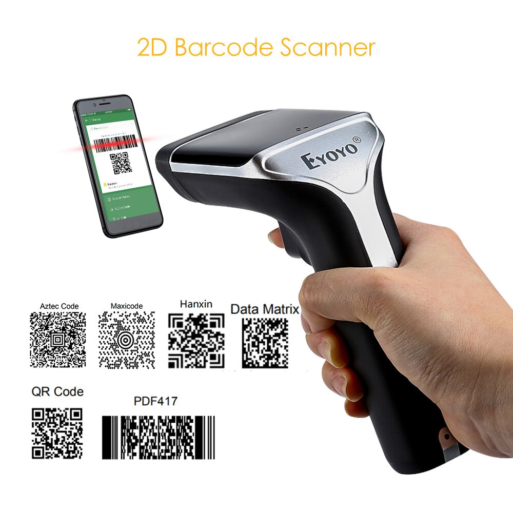 EYOYO EY-007A Handheld 1D/2D Bar Code Scanner Wireless 2.4G 2D QR Code Reader Vibration PDF417 2D Scanner Wireless