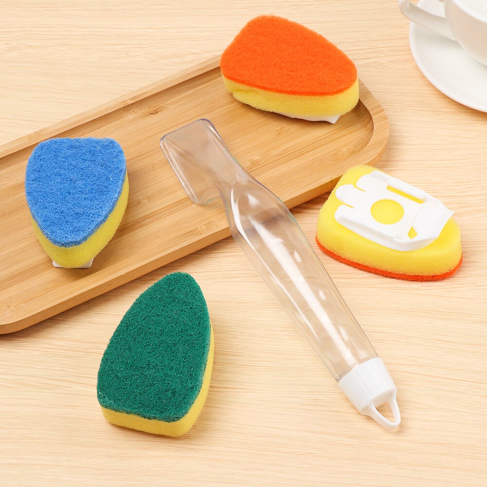 Replaceable Cleaning Brush With Refill Liquid Handle Scouring Pad Sponge Brush Dispenser Dish Scrubber Home Washing Tool