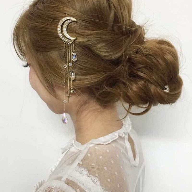 Znチャーミングクリスタルムーンヘアクリップタッセルロングヘアアクセサリーファムビジューゴールド/ホワイト/ローズゴールド/ブロンズ色