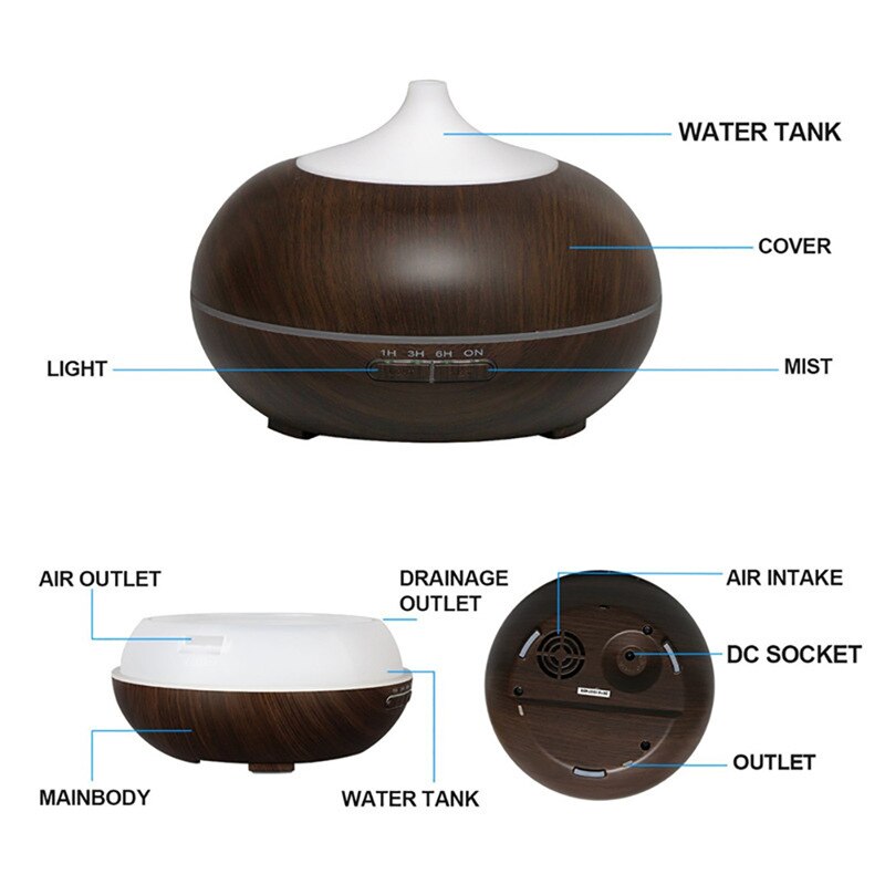 550ml Wood Grain Aroma Diffuser Ultrasonic Essential Oil Diffuser Timing Air Humdifier with 7 Colors LED Lights Air Purifier