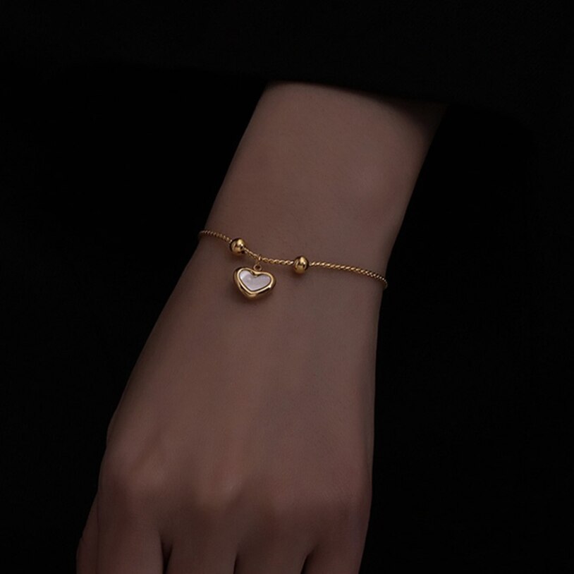 316L Rvs Mode Upscale Sieraden Hart Natuurlijke Shell Trekkoord Passen Lengte Charm Snake Chain Armbanden Voor Vrouwen