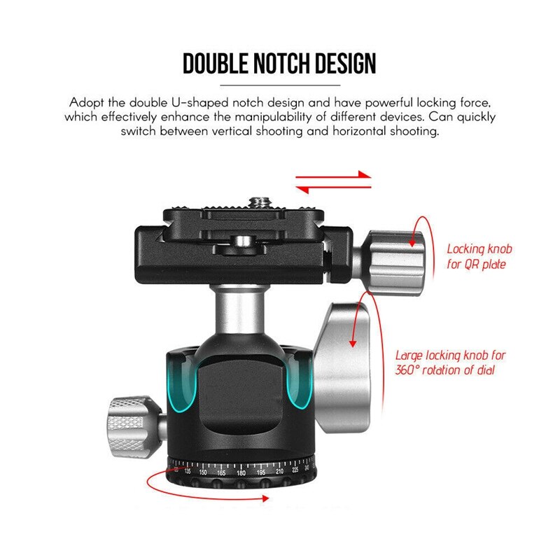 RISE-D-25C Mini Ball Head Aluminum Alloy Tripod Head with 1/4 Inch & 3/8 Inch Screw Mount for DSLR ILDC Camera 360 Degree Moveme