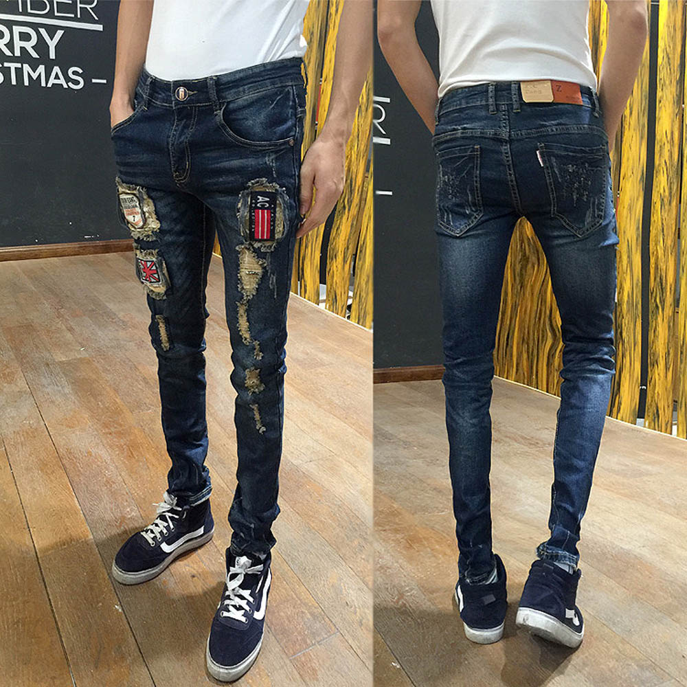 2022 Hip Hop Ripped Hole Patch Jeans Men&#39;s Spring Summer Youth Slim Stretch Feet Ankle Length Pencil Pants
