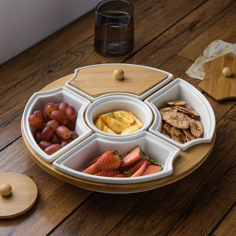 Ceramic Five Grid Rotating Platter with Lid Rotating Tray Candy Fruit Plate Large Divided Snack Tray Home Decoration