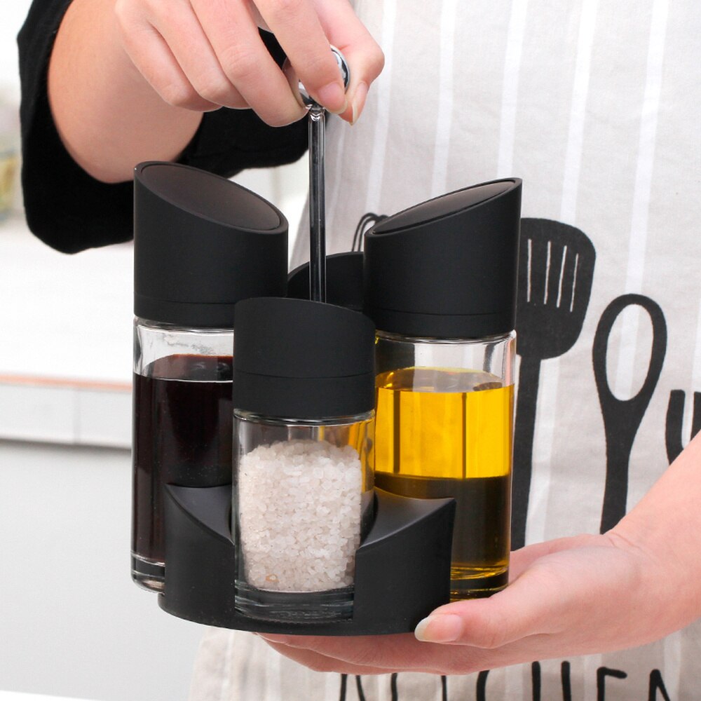 5 st roterande cruet set för kryddbehållare kryddburk salt och peppar shaker med olja vinäger flaska köksförvaring rack