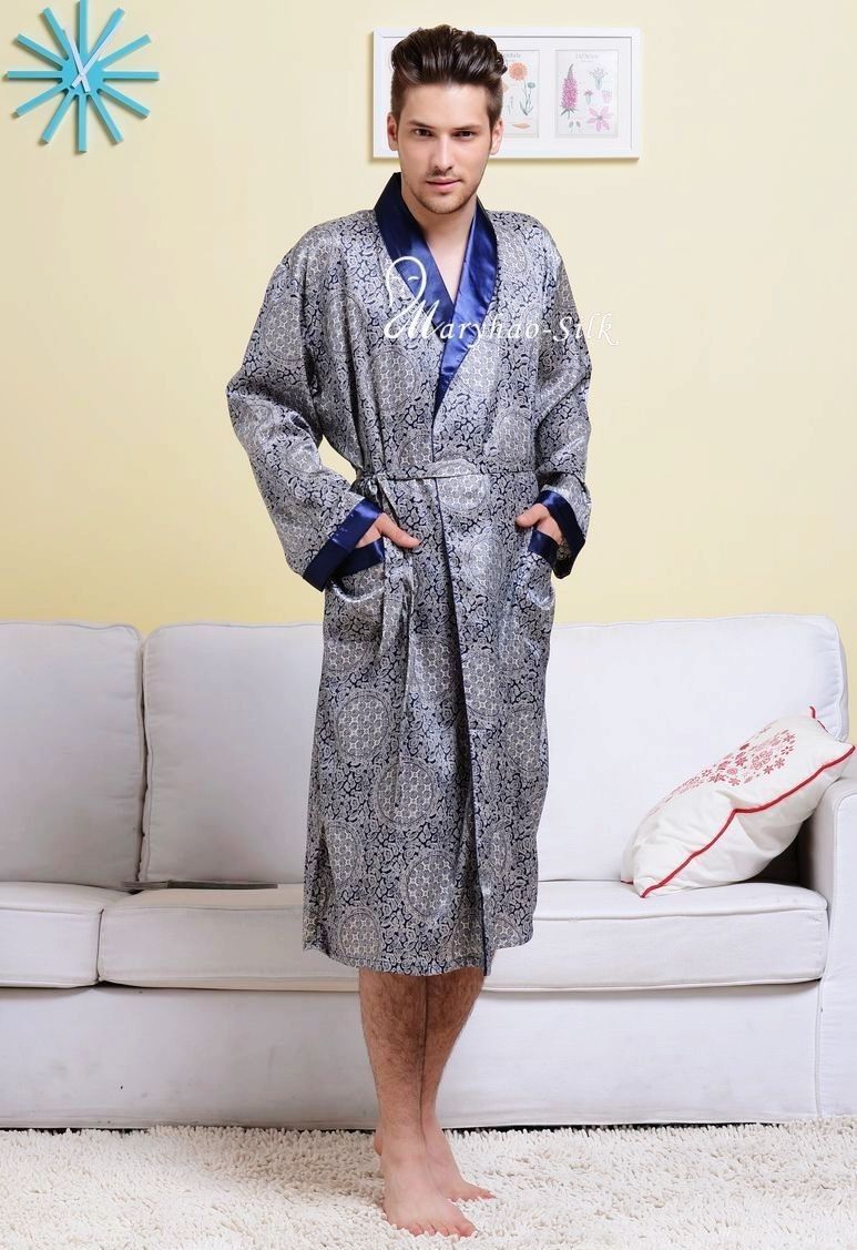 Pyjama en Satin de soie pour homme, vêtements de nuit, Robe de nuit, grande taille, U.S.S ~ 3XL: Blue / M