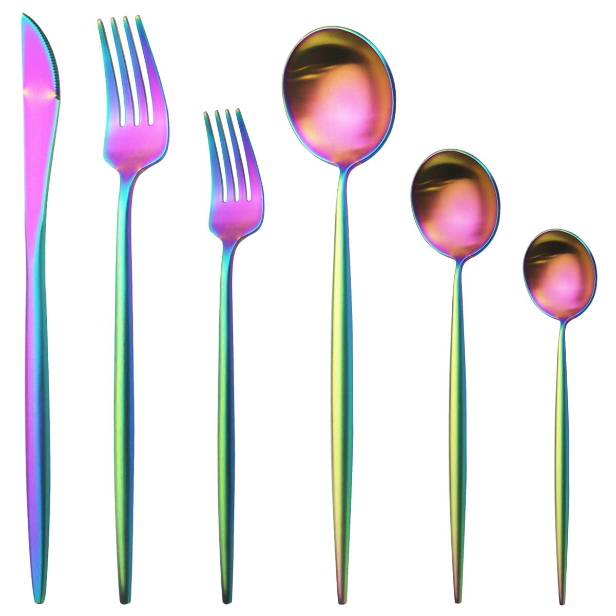 6 stk/sæt mat guld bestik sæt 304 rustfrit stål service sæt kniv gaffel dessert ske spisestel køkken sølvtøj sæt: 2 sæt / Regnbue