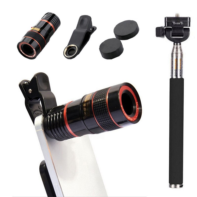 8x 12x Mobile Phone Lens Clip Optical Zoom Telescope Lens All in1 Phone Camera Lens Selfie Stick Tripod bluetooth Remote Kit